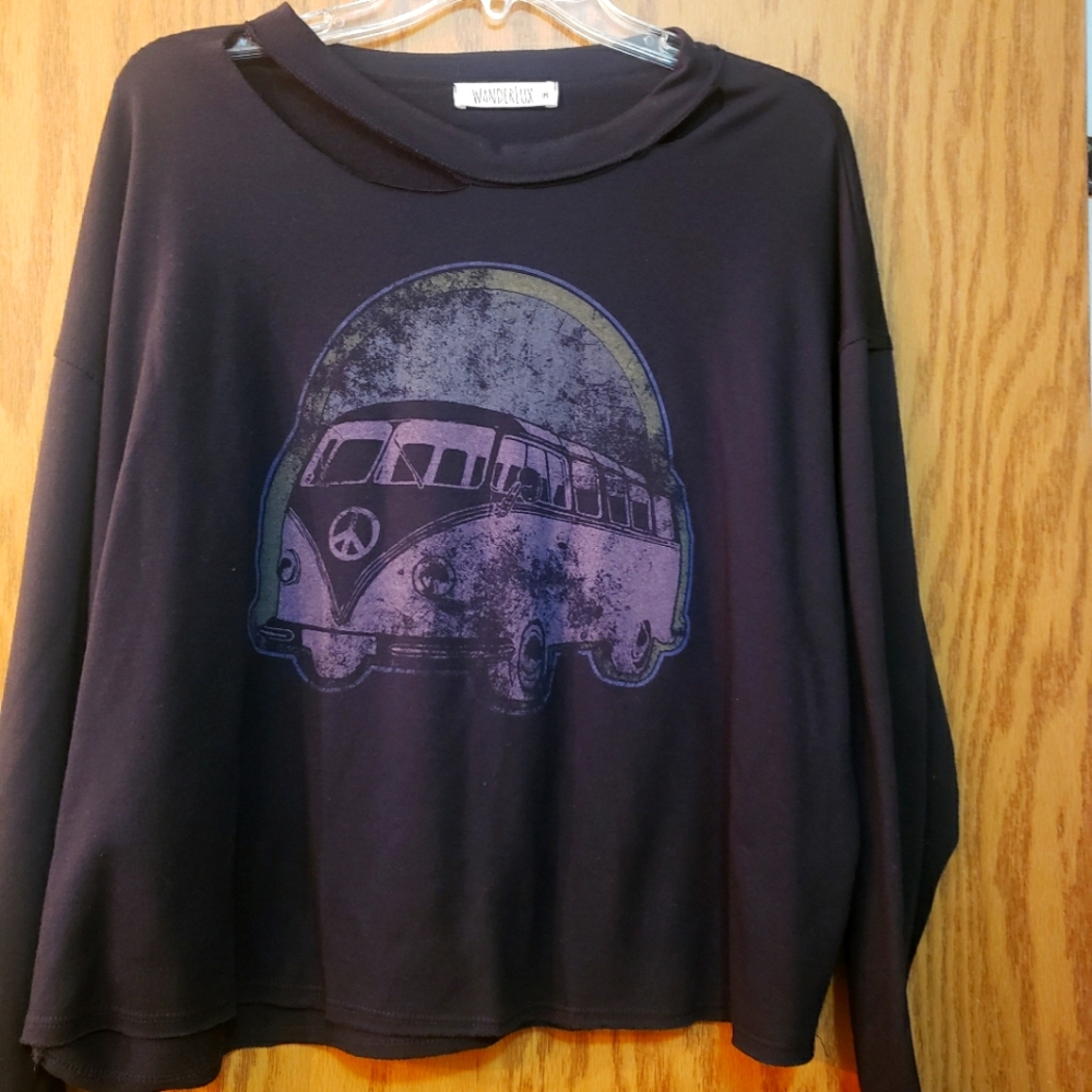 Very cute, black, distressed, oversized, graphic long sleeved blouse.
